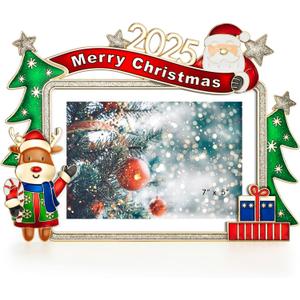 Christmas 5x7 Picture Frame Christmas Metal Display Photo Frames with Rhinestone High Definition Glass Front Gift Ideas Tabletop Home Decorative (2025 Snowman Reindeer, Golden)