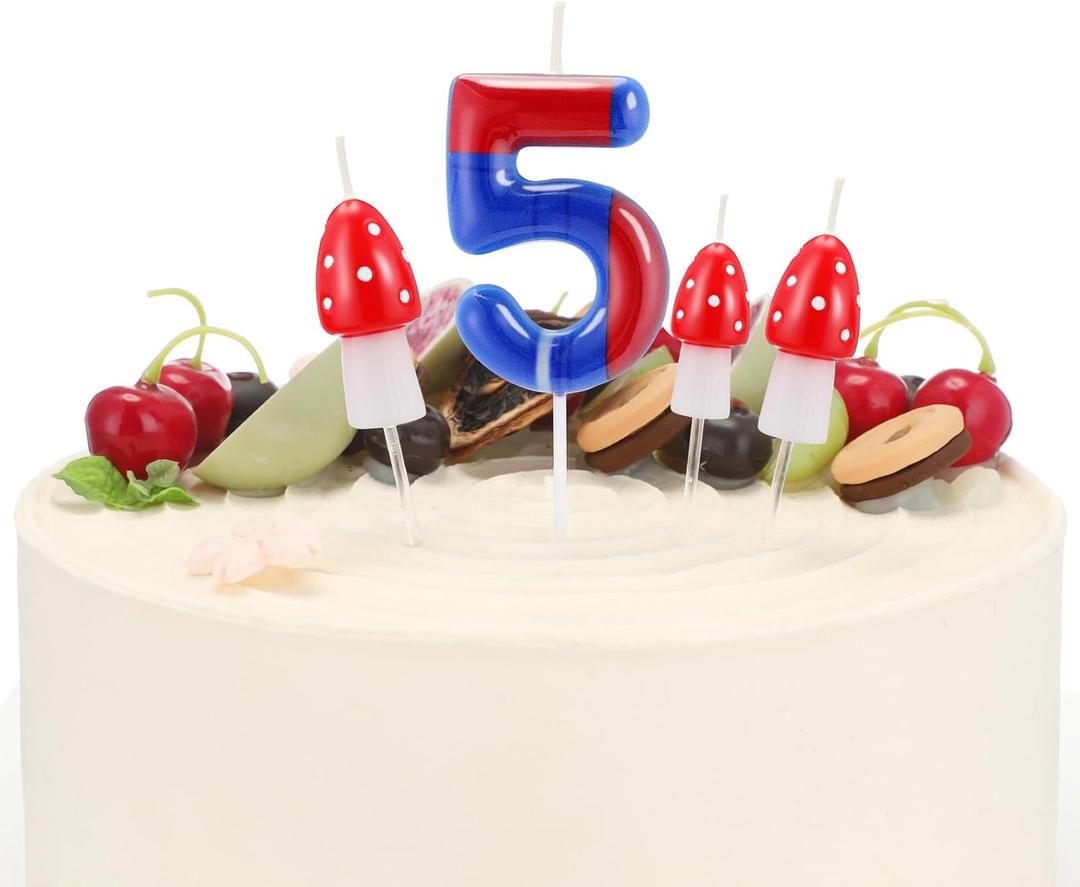 4 Pcs Blue Red 5th Birthday Candles, Number 5 with Mushroom Candle Cake Topper Decorations Cupcake Decorations for Cartoon Game Themed Party, Birthday Party