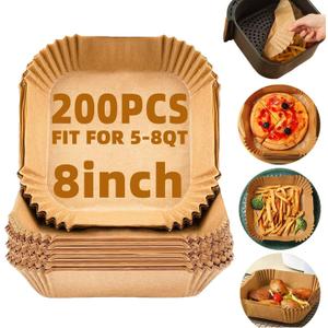 Air Fryer Liners Disposable,200Pcs Parchment Paper,LYHOLKEER 8IN Disposable Air Fryer Paper Liners for 5-8QT Air Fryer, Non-Stick, Square Liners Free of Bleach