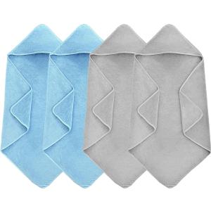 4 Pack Hooded Baby Towels, 32x32 Inch Absorbent Bath Towels, Soft Coral Fleece Hooded Towel for Newborns, Infants, and Toddlers Baby Bath Essentials (2X Light Gray + 2X Sky Blue)
