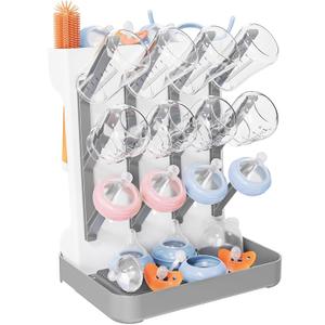 Baby Bottle Drying Rack, Vertical Bottle Rack Dryer Space Saving Bottle Drying Rack Countertop Organizer with Brush Holder for Bottles & Baby Accessories Pacifiers and Pump Part- BPA-Free (Gray)