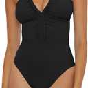 Women's Standard Lake Side Braided Maillot One Piece Swimsuit, Bathing Suits (Medium, Black)