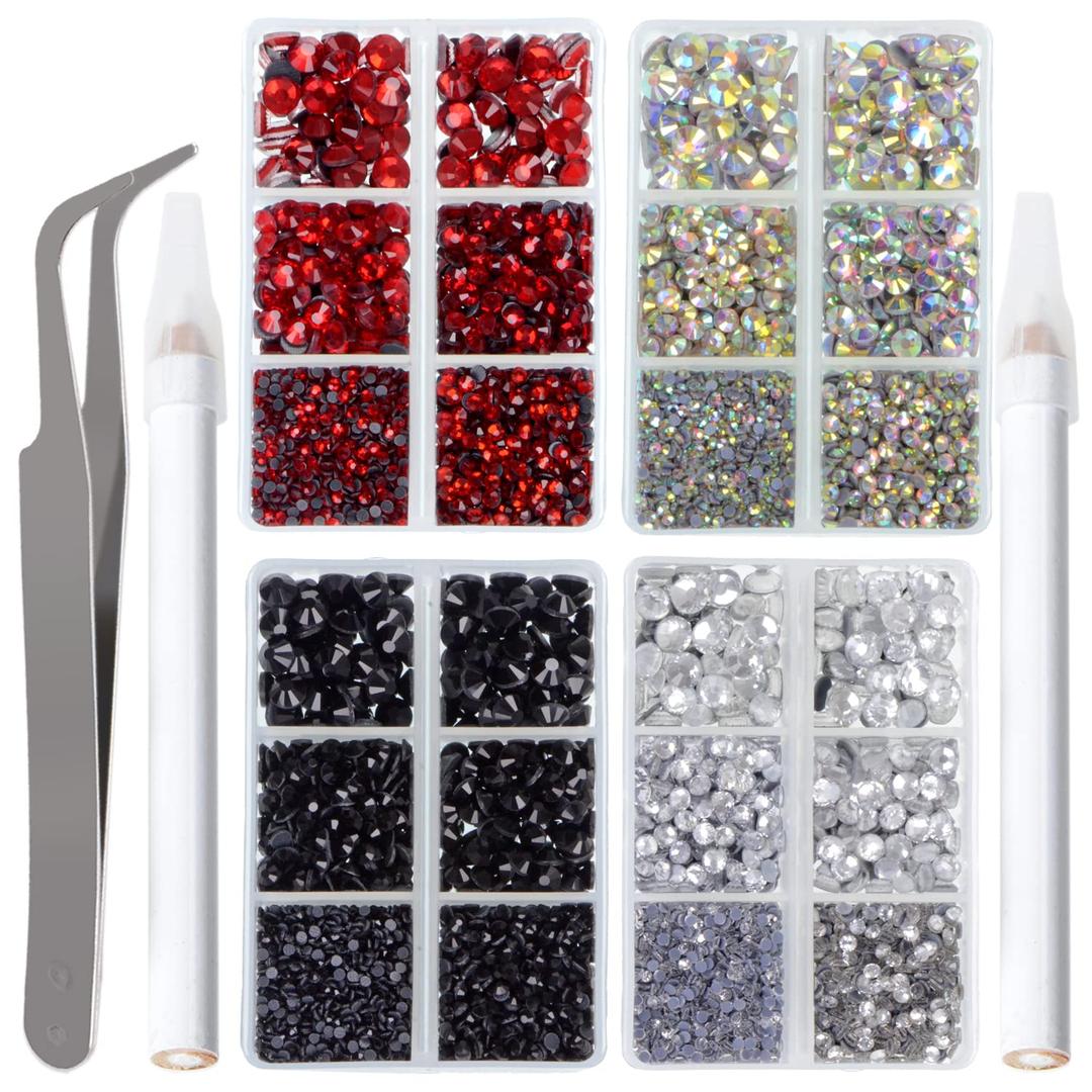 LPBeads 10000pcs Hotfix Rhinestones Flatback Glass Crystal Clear Red AB Crystal and Black Rhinestone with Tweezers and Picking Pen for Crafts Clothes Nail Art (4 Colors and 5 Sizes Each Color 1)