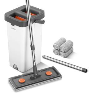 JUDRDO Mop and Bucket with Wringer Set for Home,61" Flat Mop and Bucket System for Floor Cleaning,Wet Dry Mop Window Wall Cleaner with Long Handle,Floor Mop with 4 Washable Microfiber Pads