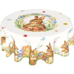 Kawani Easter Bunny Round Tablecloth 60 Inch Spring Summer Floral Butterfly Table Cloth Farmhouse Polyester Table Cover Decorative for Easter Holiday Indoor Outdoor Kitchen Dining Party