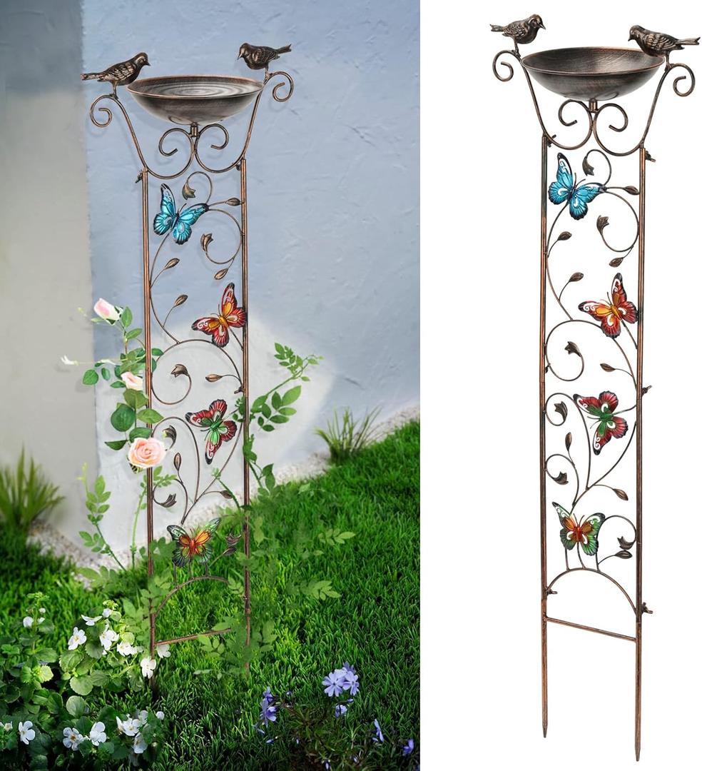 SUNNYPARK Bird Bath with Trellis Outdoor, Antique Garden Iron Trellis with Decorative Butterflies Detachable Bird Bowl Metal Potted Plants Support for Climbing Flowers (Butterfly)