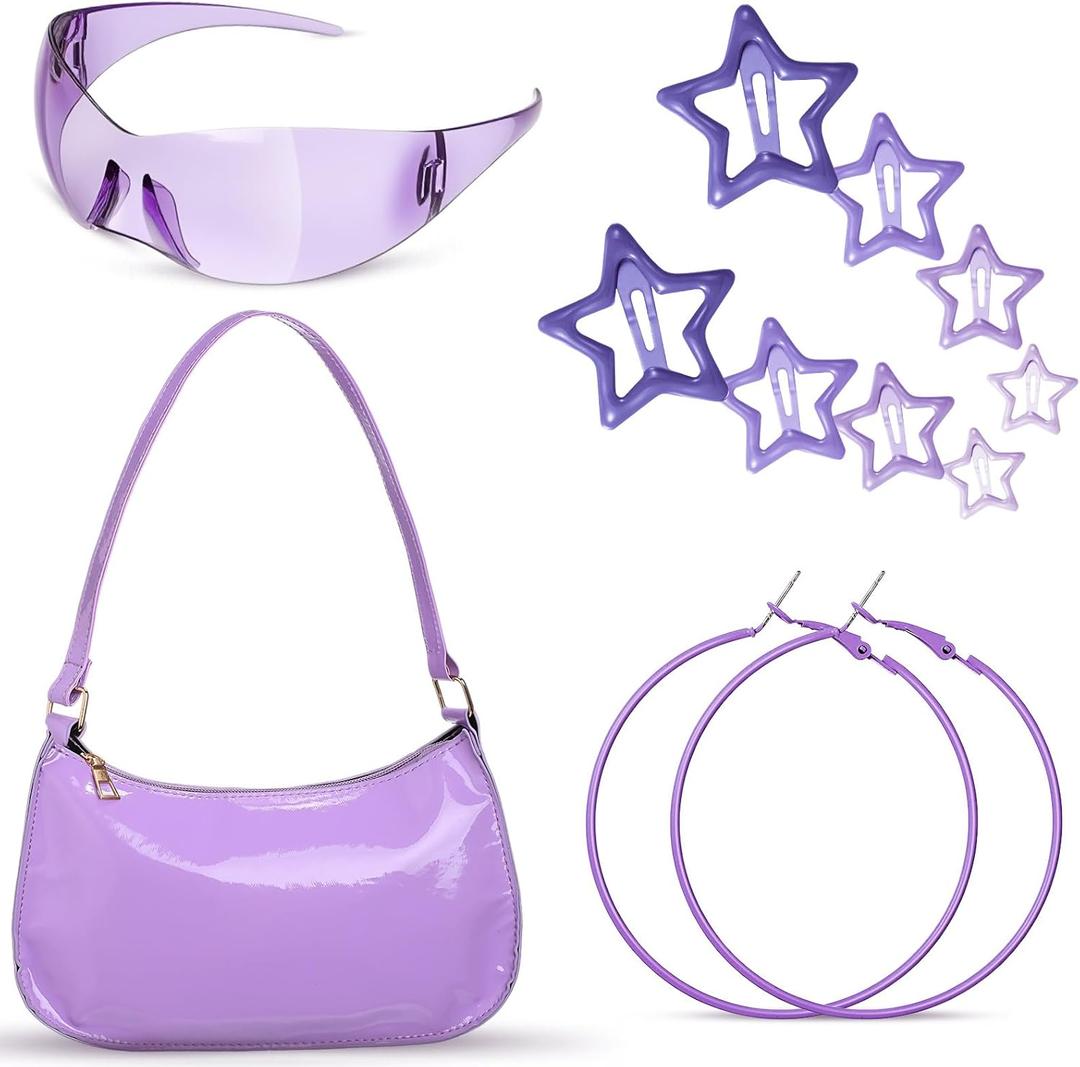 Moucuny 12 Pcs Y2k Accessories Set Patent Leather Shoulder Bag 2000s Sunglasses Circle Earrings Star Clips Women Gifts