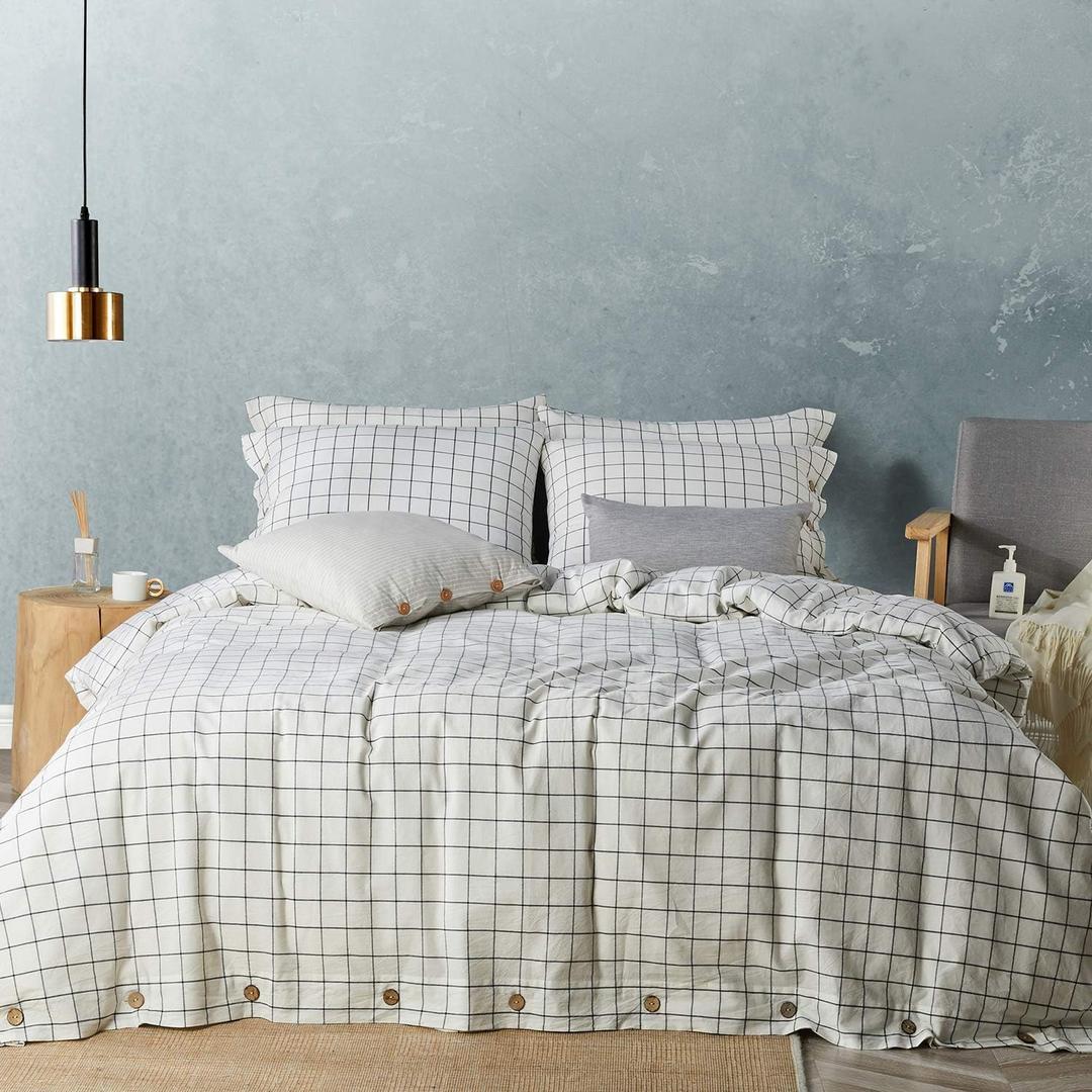 JELLYMONI Cotton Duvet Cover Queen Size - White Grid Plaid Comforter Cover with Button 100% Washed Cotton 3PCS Breathable Soft Bedding Set Duvet Cover 9090in & 2 Pillowcases (NO Comforter) (Queen(90"90"), White Grid)