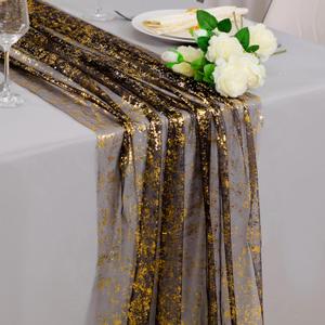 Snowkingdom 10 Pcs Black & Gold Cheesecloth Table Runner 10 FT, Sheer Chiffon Sparkle Gauze Mesh Runners 120 Inch, Glitter Table Centerpieces Decoration for Birthday Party Wedding Christmas Halloween, X-Large