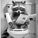 Raccoon Bathroom Canvas Wall Art Raccoon on Toilet Painting Funny Animal Bathroom Poster Black and White Animal Toilet Picture for Bath Restroom Framed 24x30 inch (30L" x 24W")