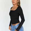 Trendy Queen Womens Long Sleeve Shirts Crop Square Neck Ribbed Tops Basic Slim Fit Y2K Fall Winter Clothes Outfits 2026 (Black, S)