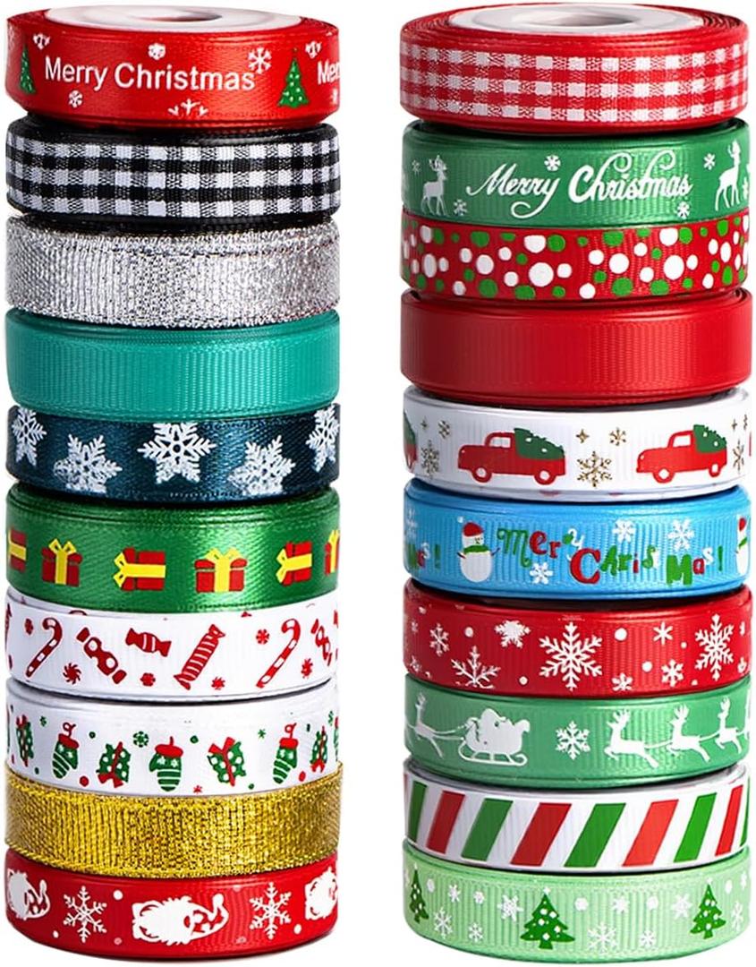 20 Rolls 100 Yards Christmas Ribbon for Gift Wrapping, 3/8 Inch Wide Grosgrain Ribbon, Thin Christmas Ribbon for Holiday Christmas Tree DIY Crafts
