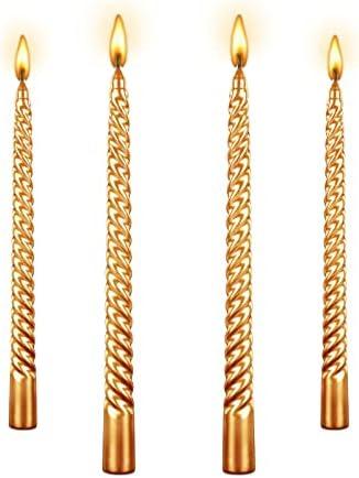 Berkebun Gold Spiral Taper Candles 10 inch-Set of 4 Tapered Candles, Dripless and Smokeless, Long Candle, Tall Candlesticks, Home Dinner, Party, Wedding, Halloween, Churches, Christmas (4pcs, Gold)