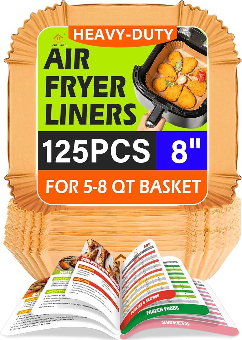 Air Fryer Liners Disposable,125Pcs 8Inch Airfryer Liners with Air Fryer Cheat Sheet Cooking Guide Booklet, Non-Stick Parchment Paper Square, Air Fryer Cookbooks Recipes