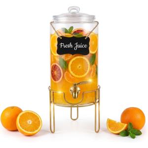 Drink Dispensers for Parties 1 Gallon, Bevarage Dispenser with Stand,Glass Drink Dispenser With Stainless Steel Spigot + Marker & Chalkboard, Ideal for Lemonade,Juice, Tea, and Party Drinks