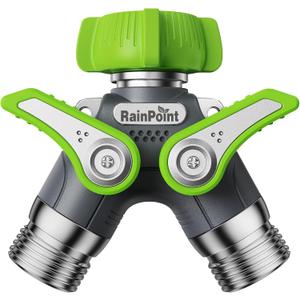 RAINPOINT Garden Hose Splitter, 2 Way Heavy Duty Water Hose Y Spigot Splitter with Shutoff Valves, 100% Metal Body Outdoor Faucet Splitter, 1.9" Extra Long Metal Handle, 3/4" GHT Thread (2, Green)