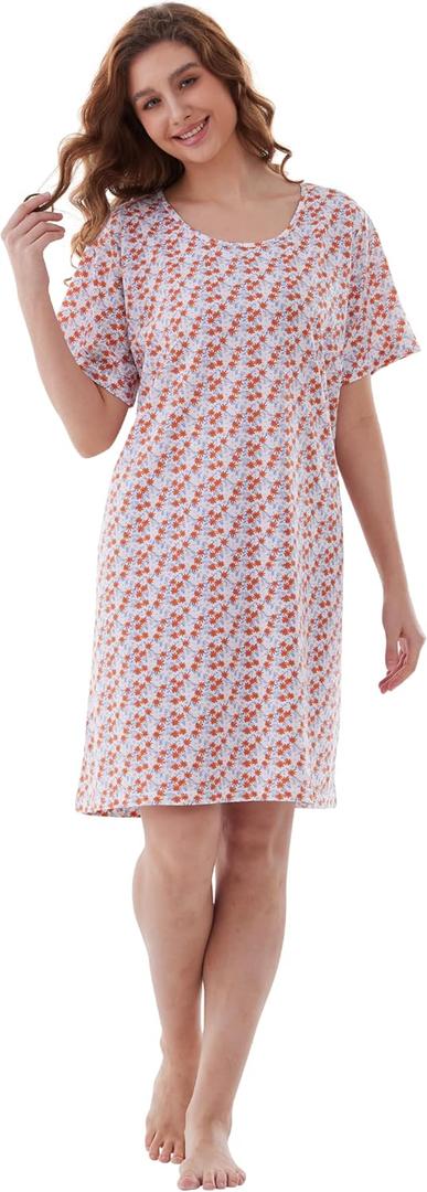 Nightgowns for Women, Women's Sleepwear Lightweight Cotton Nightdress, Crew Neck Sleepshirt Short Sleeve Loose Fit (L)
