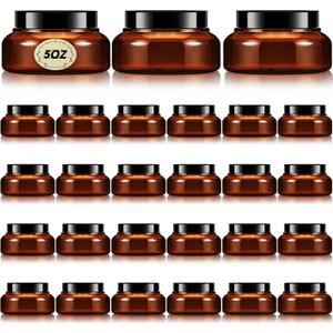 Tessco 24 Pack Plastic Jars with Lids Labels Empty Clear Plastic Jars Round Refillable Cosmetic Containers Body Butter Containers Bulk Sugar Scrub Bottle for Make Up(5 oz,Brown)