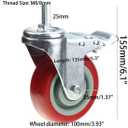 Heavy Duty Stem Caster Wheels Double Bearing PU Castors No Noise Swivel Casters M8-1.25x25mm 4 Packs with Dual Locking (4 Inch,With Brake)