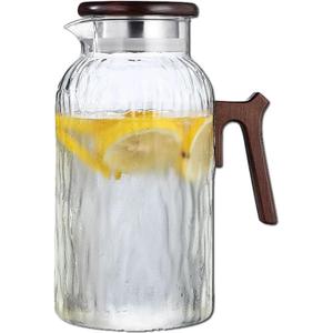 Glass Water Pitcher with Wooden Lid and Handle, Glass Carafe for Hot/Cold Water, Large Iced Tea Pitcher for Coffee, Juice and Homemade Beverage, 1.8 Liter/60oz