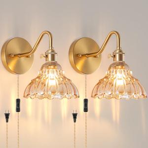 Plug-in Wall Sconce (Set of 2), Vintage Wall Decorative Lamp with Amber Glass Shade, Indoor Brass Plug-in Wall Sconce for Bedroom, Living Room, Bathroom, Hallway