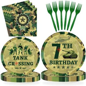 96Pcs Camo 7th Birthday Party Supplies Army Military Themed Plates and Napkins Green Camouflage Military Disposable Tableware Set for 7 Year Old Boys Birthday Party Decorations Serves 24