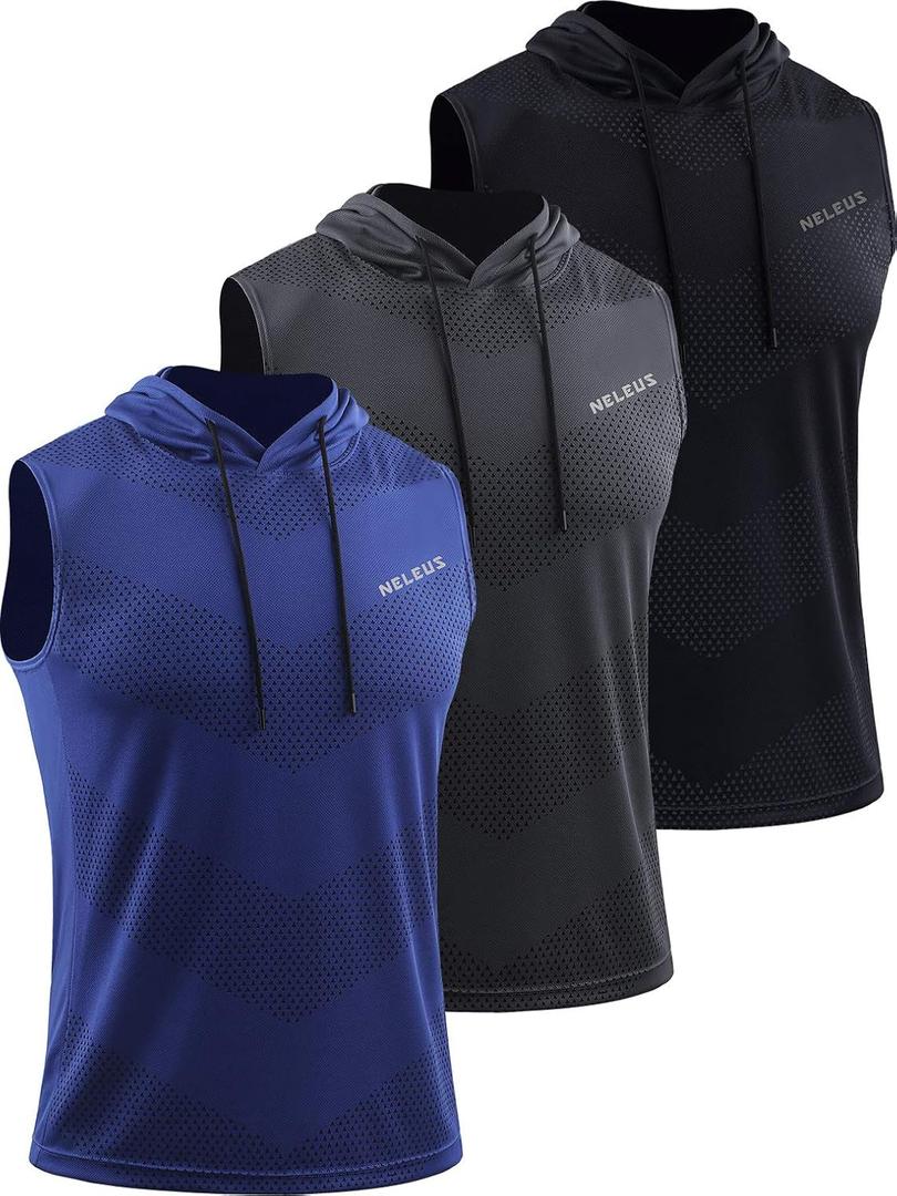 Neleus Men's Workout Tank Tops 3 Pack Sleeveless Running Shirts with Hoodie (Blue, M)