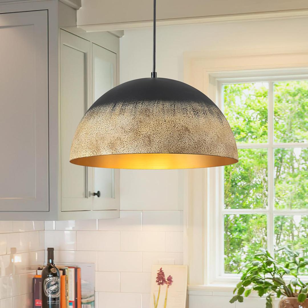 Dome Pendant Light Fixtures, 15.75" Industrial Black and Sandy Mud Finish Rustic Pendant Light Kitchen Island, Farmhouse Metal Hanging Lamp for Dining Room, Kitchen, Hallway