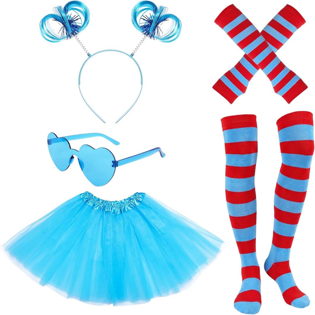 5PCS Blue Tulle Tutus Costume Set for Women Mesh Tutus Skirt Springy Wig Headband Striped Arm Sleeves Socks Heart Glasses Halloween World Book Day Cosplay Party Festival Dress Up