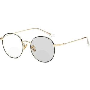 laureles Fashion Round Bifocal Reading Glasses Men Sun Photochromic Lens Metal Frame Transition Presbyopia Female (Black Gold, 0.00/+3.00 Magnification)