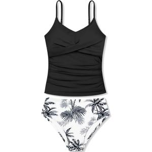 Girls Swimsuit 2 Piece Bathing Suit Criss Cross Ruched Girl Tankini Sets Printed Girls' Swimwear for 9-18 Years (15-16 Years, Black)