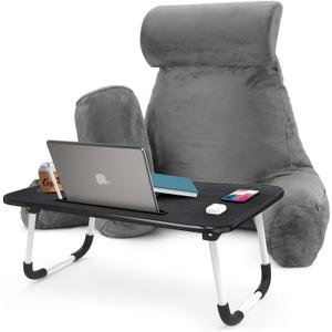 Nestl Reading Pillow with Portable Laptop Lap Desk - Shredded Memory Foam Back Support Pillow for Sitting Up in Bed and Couch Rest Pillows with Arms, Bed Tray Table with Foldable Legs, Grey (Large)