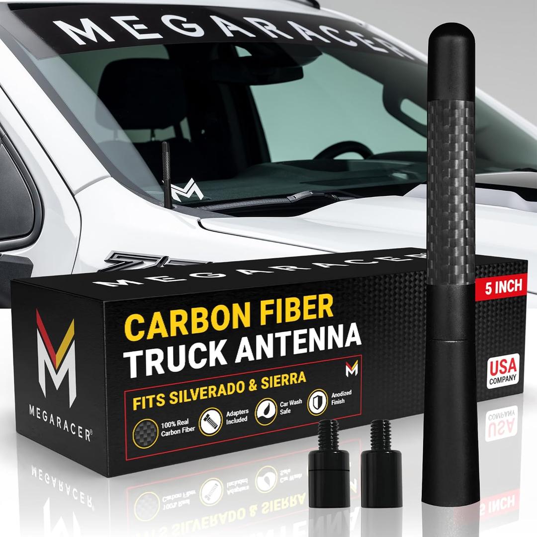 Anodized 5" Short Black Carbon Fiber Truck Antenna for Chevy Silverado & GMC Sierra 1500 2500 (1999-2026) Billet Aluminum, UV & Chip-Resistant, Car Wash Safe, Small Stubby Replacement Accessories