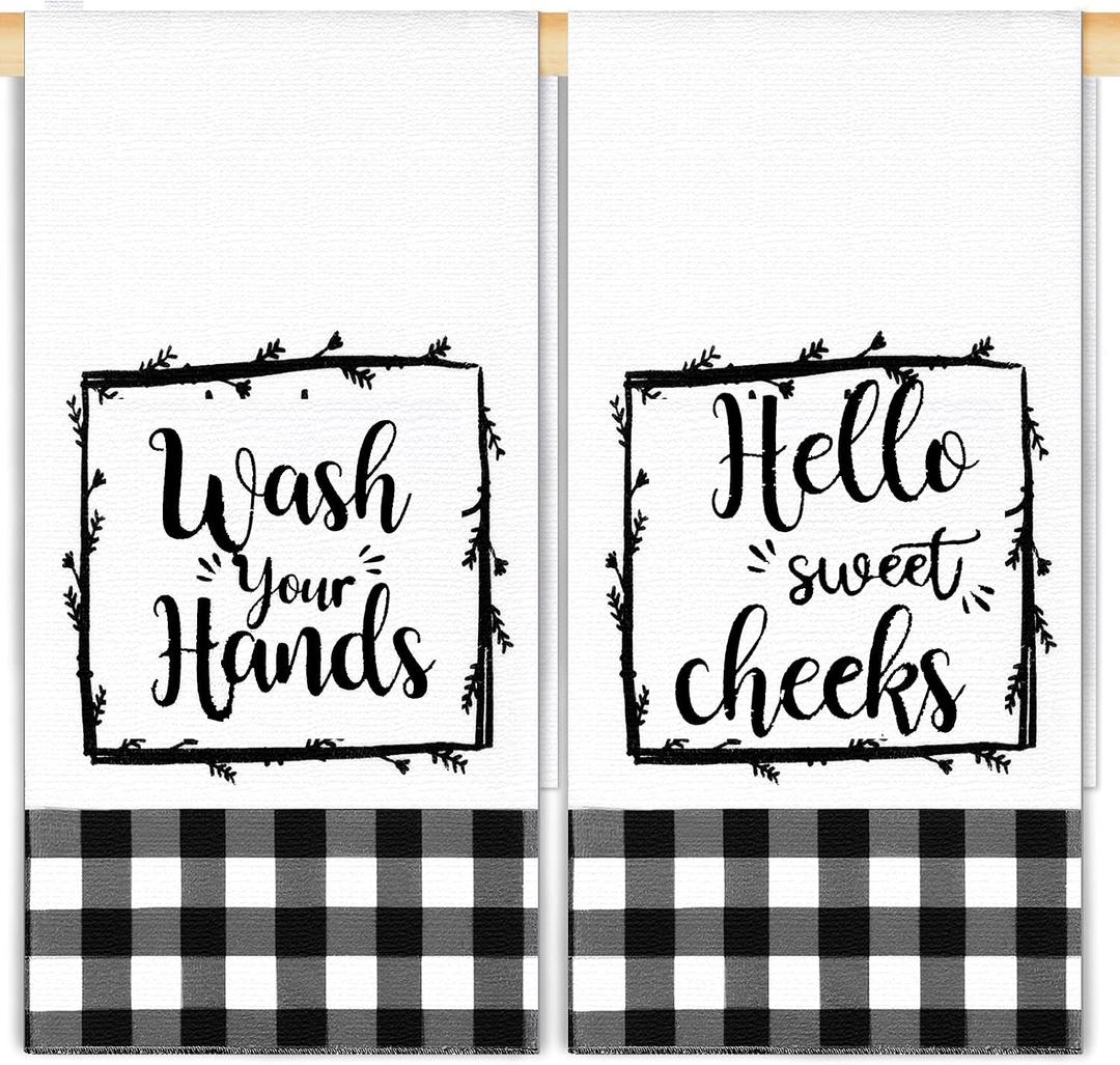 Tatuo 2 Pcs Buffalo Plaid Bathroom Hand Towels Black and White Checkered Kitchen Tea Towels 17 x 27 Inch Farmhouse Hello Sweet Dish Cloths for Bathroom Home Washing Drying Dishes