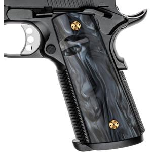 Cool Hand 1911 Magwell Grips, Full Size Government Commander, High Polished Synthetic Black/White Pearl, Gold Screws Included, Ambi Safety Cut
