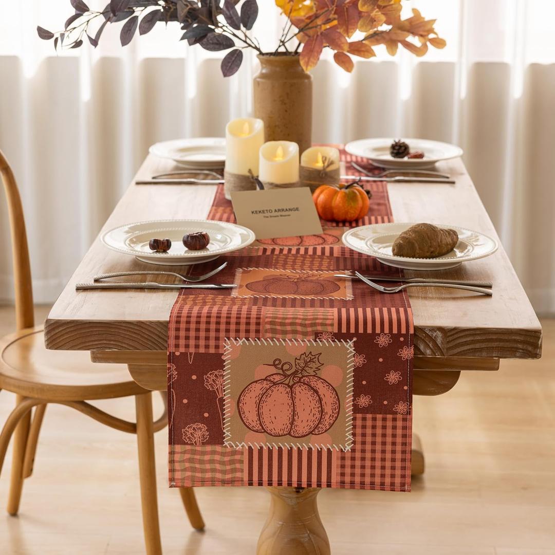 Fall Table Runner Thanksgiving Patchwork Vintage Hippie Punk Pumpkins Autumn Harvest Cloth Dining Centerpiece Party Decor for Fairy Tales Baby Shower Fall Home Decorations 13 x 72 Inch