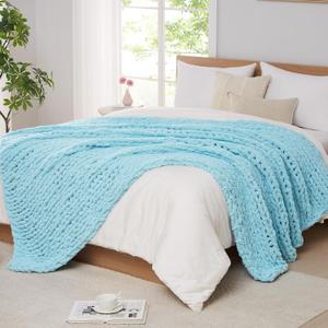 L'AGRATY Chunky Knit Blanket Throw - Soft Chenille Yarn Throw Blanket 30x40Handmade Thick Cable Knit Crochet Blanket - Large Knit Blanket Chunky Rope Knot Throw Blanket for Couch Sofa Bed Home Decor (30"x40", Light Blue)