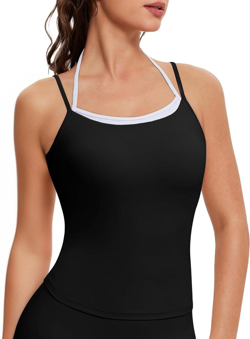 OMKAGI Halter Workout Tank Tops for Women Built in Bra Cute Layer Longline Sports Bras (Black, M)