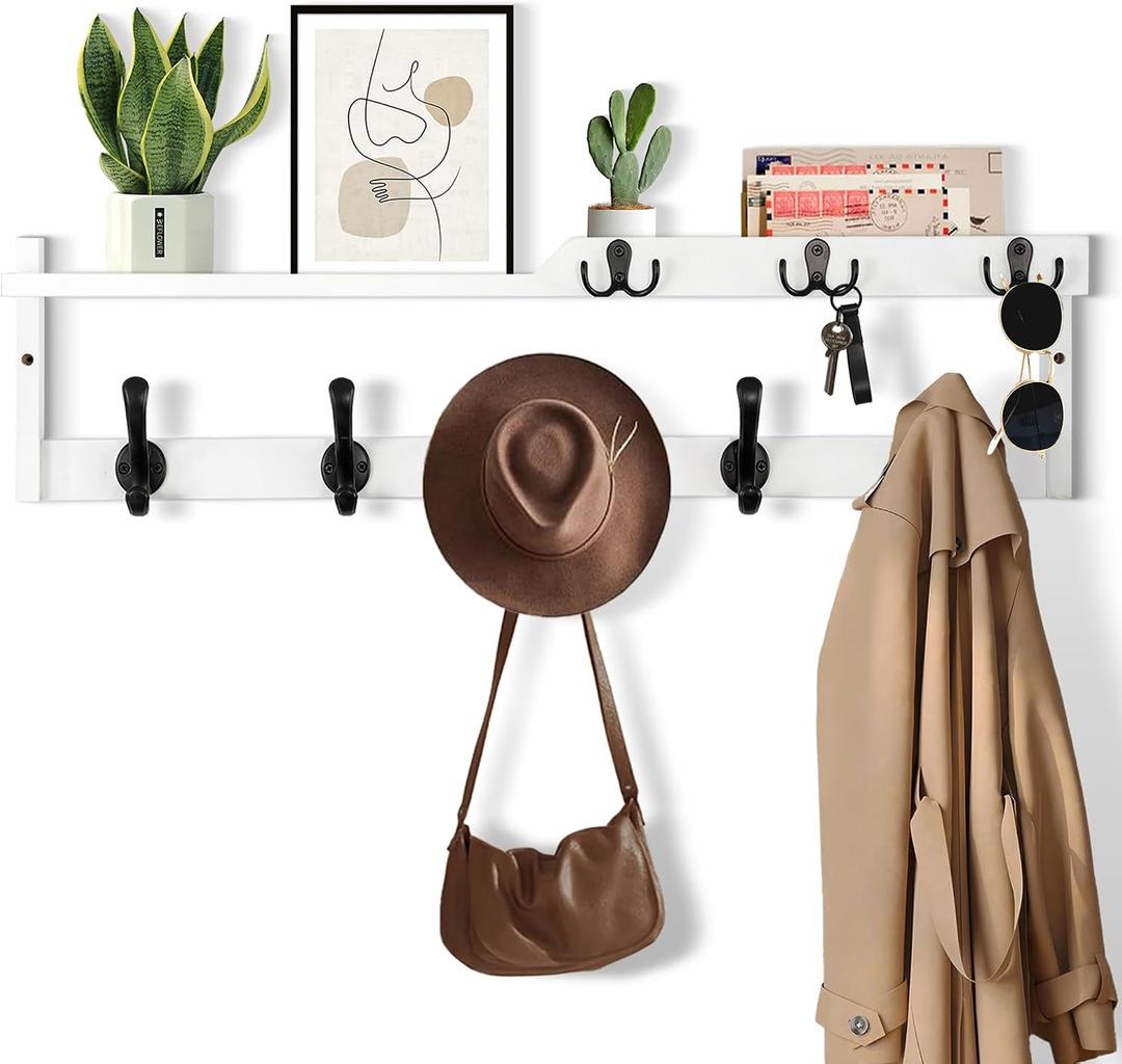 29'' Coat Rack Wall Mount with Shelf, Coat Hanger Wall Mount with Key Hooks and Mail Holder, Wood Entryway Floating Shelf with Hooks and Storage, Hat Rack for Wall Key Holder Mail Organizer