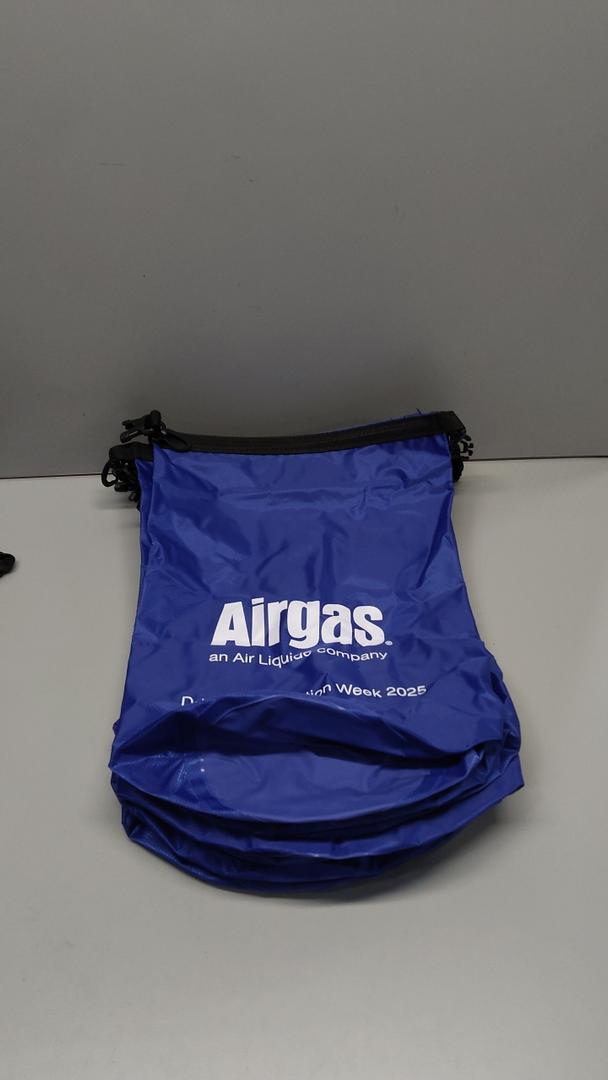 6 blue drawstring bags, white logo