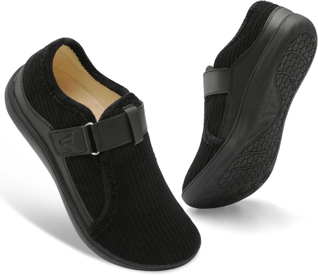 Spesoul Wide Womens Slippers Adjustable House Shoes Indoor Outdoor Barefoot Slippers Cozy Walking Shoe Swollen Edema Diabetic Shoes (9.5 Wide, Black)