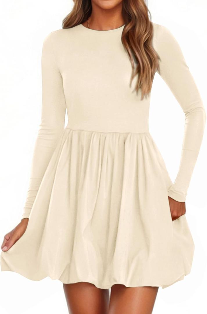 PRETTYGARDEN Fall Dresses for Women 2026 Casual Long Sleeve Bubble Cute Crew Neck A Line Mini Short Dress with Pockets (Medium)