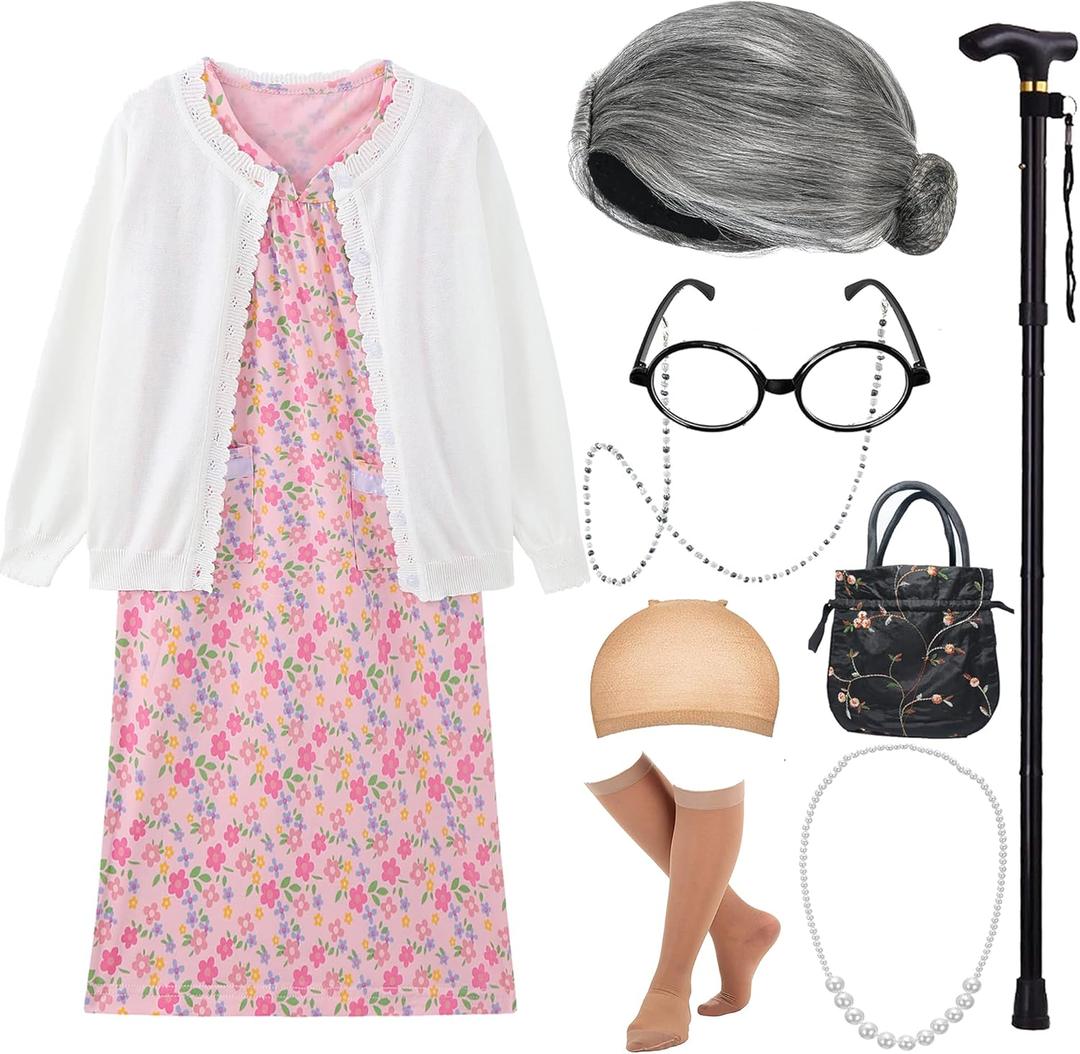 EBYTOP 100 Days of School Costume for Kids 100th Day Halloween Old Lady Costume Dress up Granny Wig Grandma Glasses Cane, 2-WH 4-6 Years