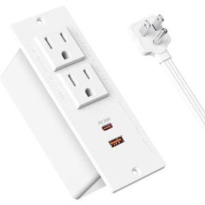 Recessed Power Strip USB C PD 30W Fast Charging,Flush Mount Desk Recessed Outlet,Space-Saver for Furniture Side Table,2 USB Ports,2 AC Outlets,6ft Cord,Ultra Thin Flat Plug,White