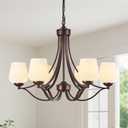 Oil Rubbed Bronze 6-Light Chandelier with Frosted Glass Lampshade, Farmhouse Rustic Dining Room Light Adjustable Height Antique Brown Hanging Light Fixture for Dining Table, Kitchen Island, Staircase