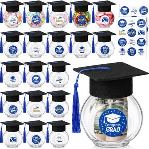 20 Sets Glass Graduation Cap Candy Jars Class of 2025 Graduation Party Decorations Candy Boxes Containers with Sticker for 2025 Grad Ceremony Party DIY Supplies(Blue and Gold)