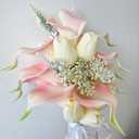 Floral Bouquet 12 Artificial Calla Lilies with 8 Artificial Tulip Flowers, Bridesmaid Bouquet with Wedding Ceremony Festivals Anniversary Bridal Rehearsal Party Bar Table Decor(Cream and Pink)