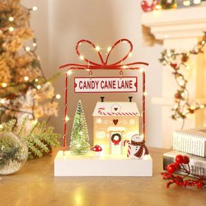 Christmas Tabletop Decoration, Wooden Lighted Decorations, Battery Operated Christmas Indoor Table Decorations (Candy Cane Lane & Giftbox)