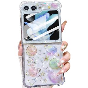Changjia for Samsung Galaxy Z Flip 7 FE/Z Flip 6 Clear Glitter Case,Cute Space Stars Moon Universe Design Bling Sparkle Soft Silicone Shockproof Women Girls Case for Galaxy Z Flip 7 FE/Z Flip 6,Planet