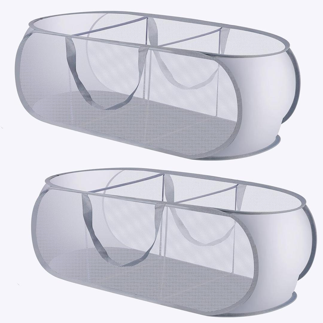 2 Pack Mesh Foldable Laundry Basket, 3 Compartments Up Mesh Hamper with Handles, Mesh Laundry Hamper for Laundry Room, Bathroom, Room, College Dorm or Travel (Grey)